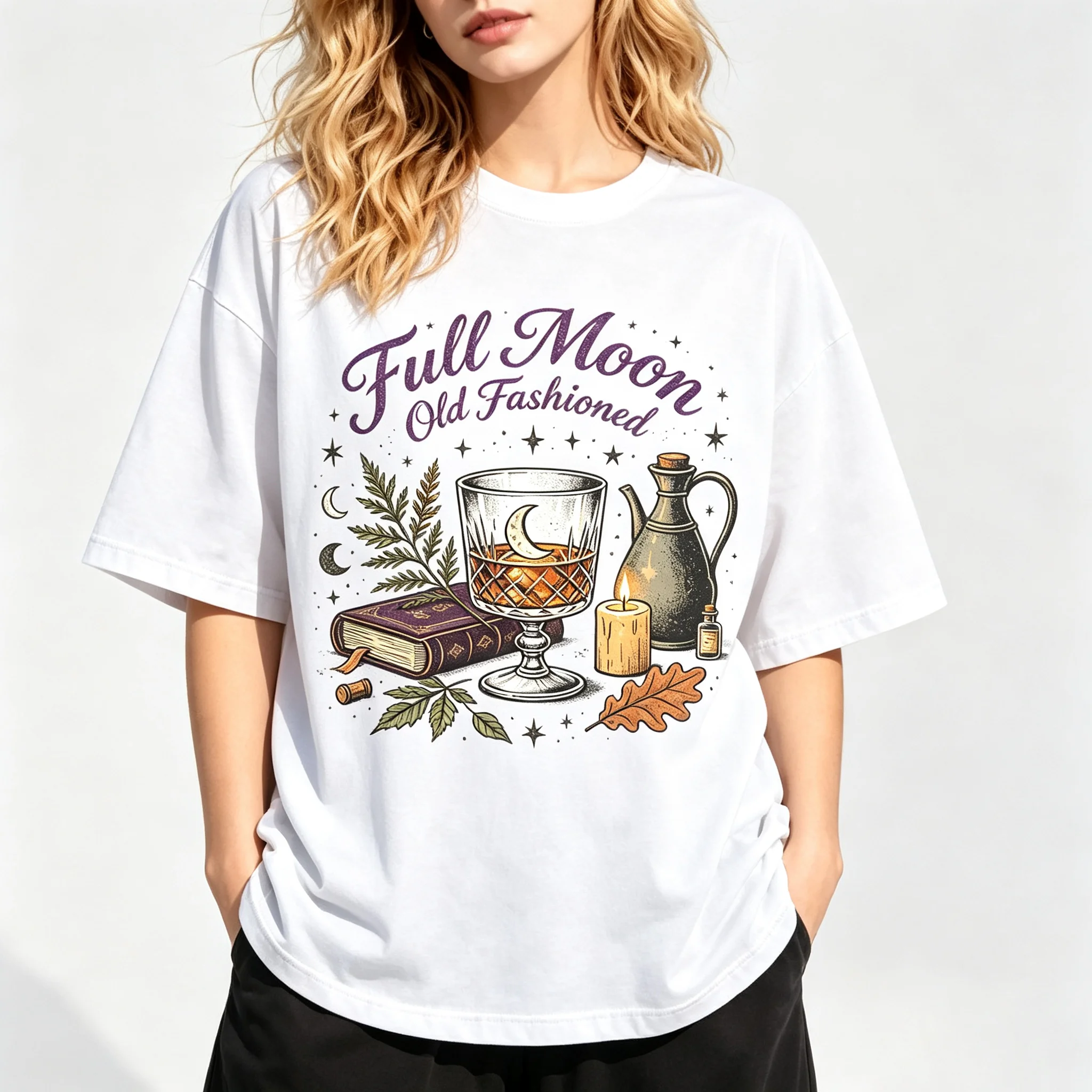 Women's Full Moon Old Fashioned Witchy Cocktail Book Candle Graphic T Shirt Vintage Mystical Short Sleeve Casual Tee