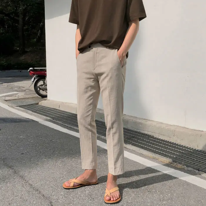 

2023 Spring Summer Ankle Length Pants Men Slim Work Jogging Button Social Solid Formal Suit Trousers Male Brand Clothing N13