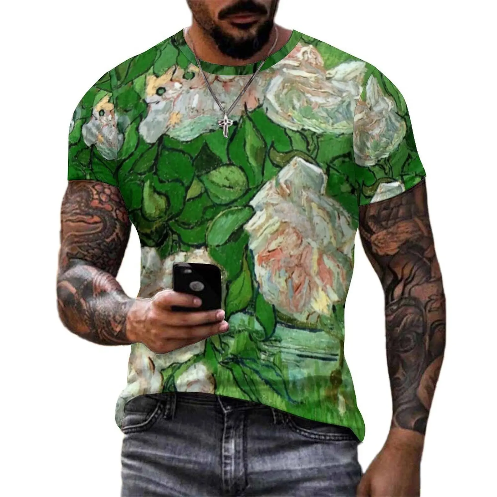 Summer T Shirt Pink Roses Print T Shirts Vincent Van Gogh Funny Vintage Tees For Man Short-Sleeve Graphic Plus Size Clothing