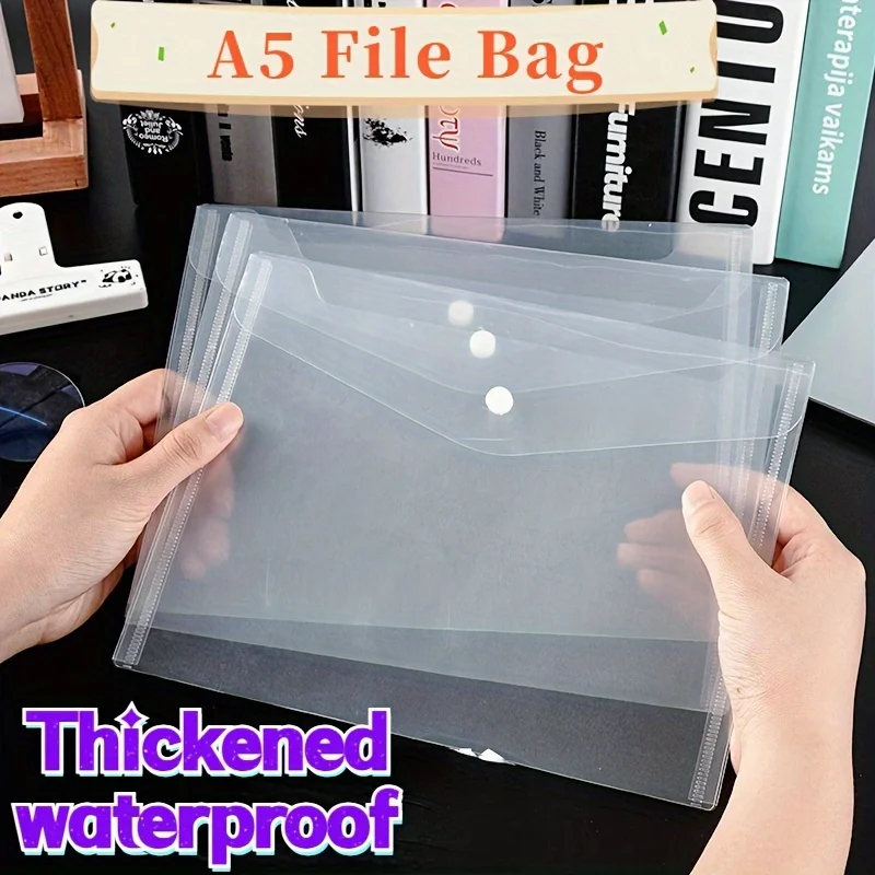 13-Pack A5 File Bags, Thickened Transparent PP Office Document Envelopes, Waterproof with Snap Button Design for Easy Storage