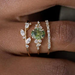 Huitan Gorgeous 3Pcs Set Women Rings Olive Green Cubic Zirconia Luxury Gold Color Wedding Rings Anniversary Party Trendy Jewelry