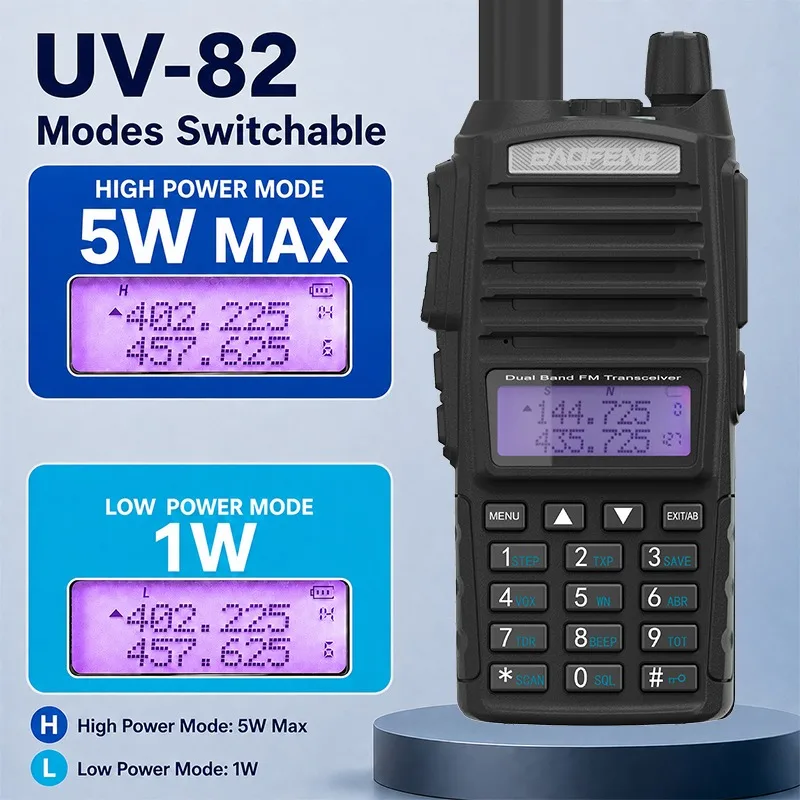 UV-82 Baofeng Walkie Talkie 5W FCC Version Dual Band144-148/420-450MHz 2000mAh Dual PTT Flashlight 128CH Handhed Two Way Radio