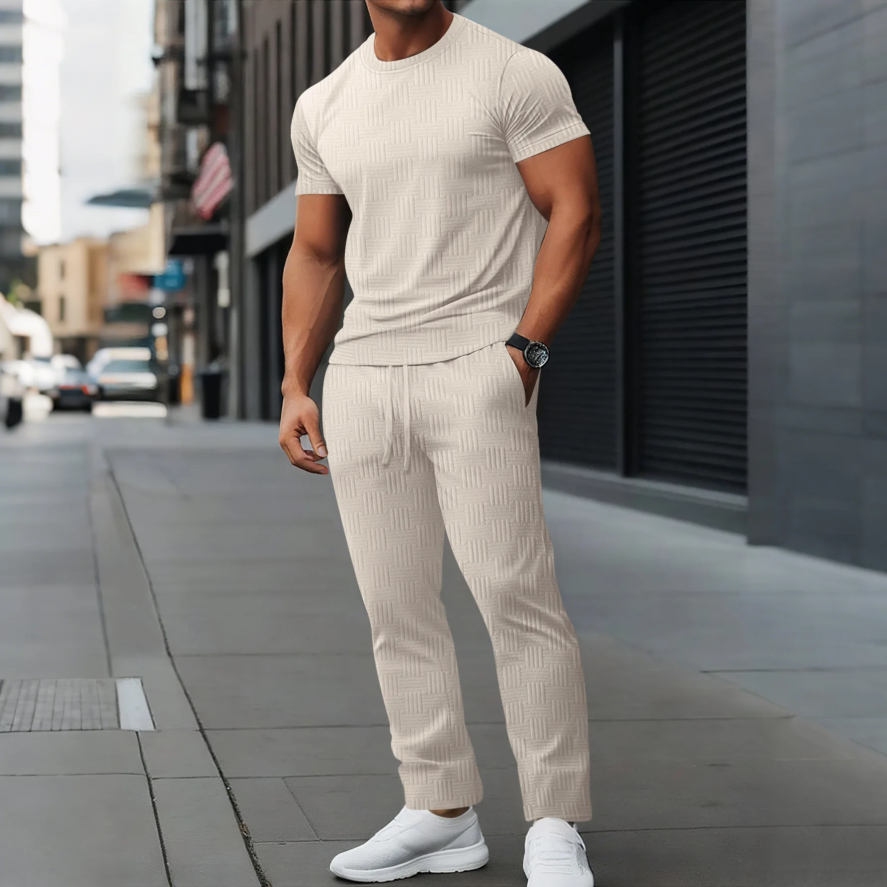 

Summer new men's short-sleeved and long-pants suit: outdoor casual sports solid color jacquard two-piece set.