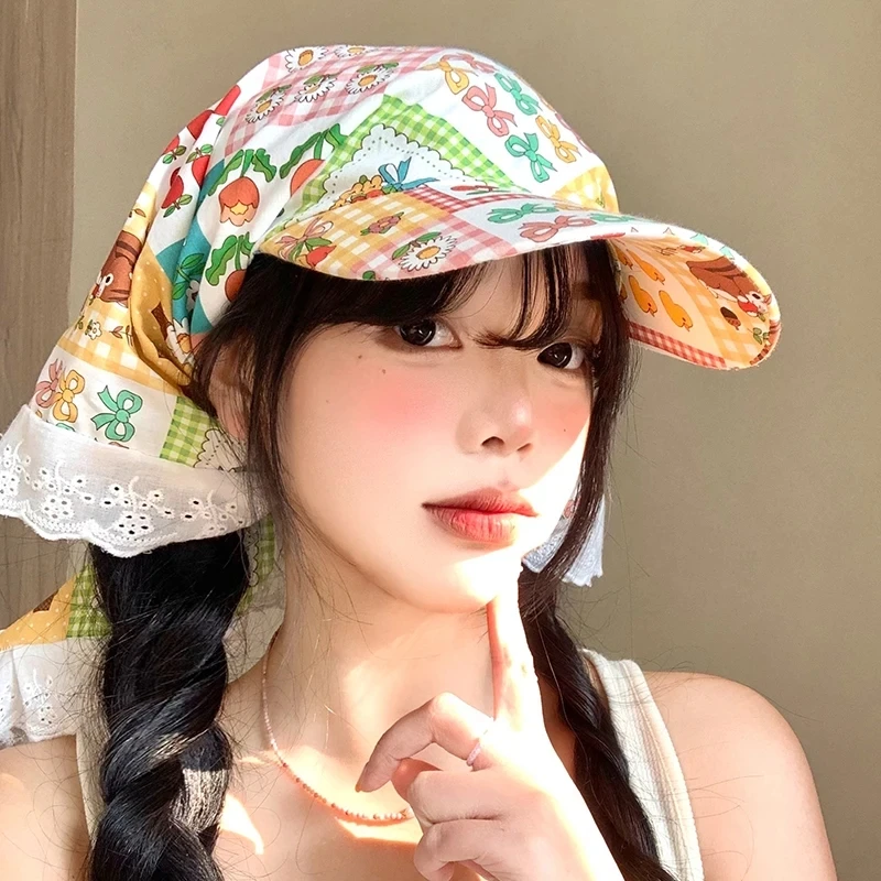 Japanese Fresh Pastoral Style Lace Strap Headscarf Cap for Women Summer Fashion Sunscreen Sweet Versatile Printed Sun Hats 6