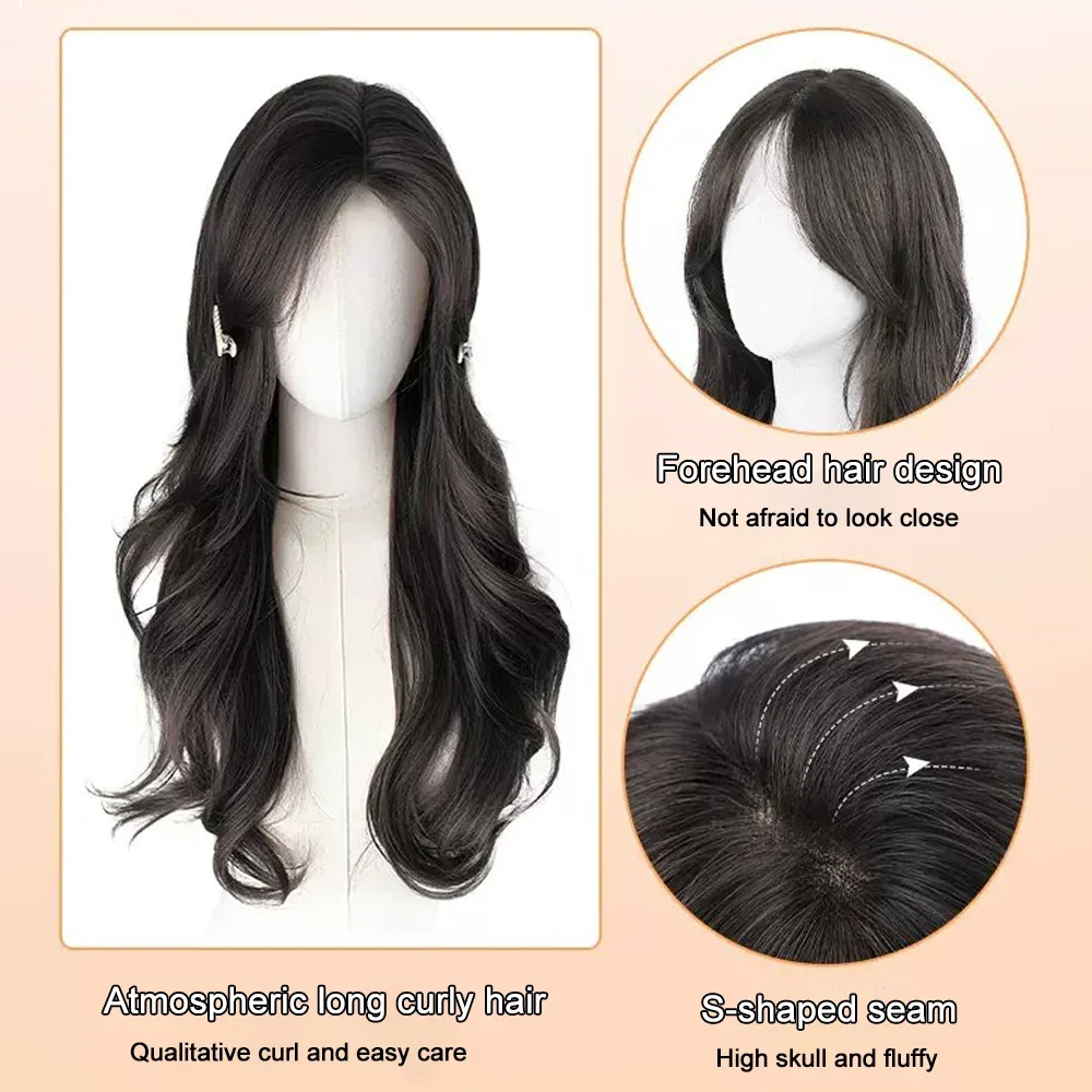 Wig sintetis berlapis lurus panjang alami Wig coklat untuk wanita Cosplay harian bagian tengah serat tahan panas