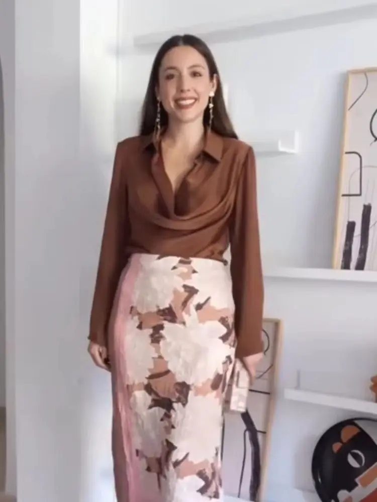 HH Women's Winter Fashion Versatile Silk Texture Drape Slim Shirt Female Temperament Lapel Sexy Casual Long Sleeve Shirt Mujer