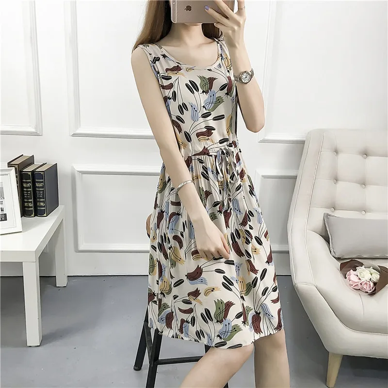 고급 유럽 스타일 플로럴 프린트 실크 코튼 여름 드레스 얇은 인조 코튼 캐주얼 루즈 웨이스트 디자인