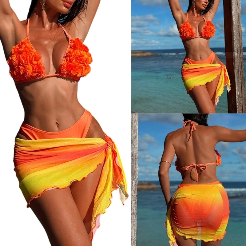 

Women Two Piece Flower Swimsuit Set Adjustable Strap Halterneck Swimming Costume with Beach Coverup Wrap For Surfing 24BD