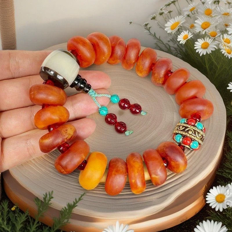 Chicken oil yellow amber, orange peel old wax, matte finish, scented, freeform bracelet with three-way pendant, unisex brace