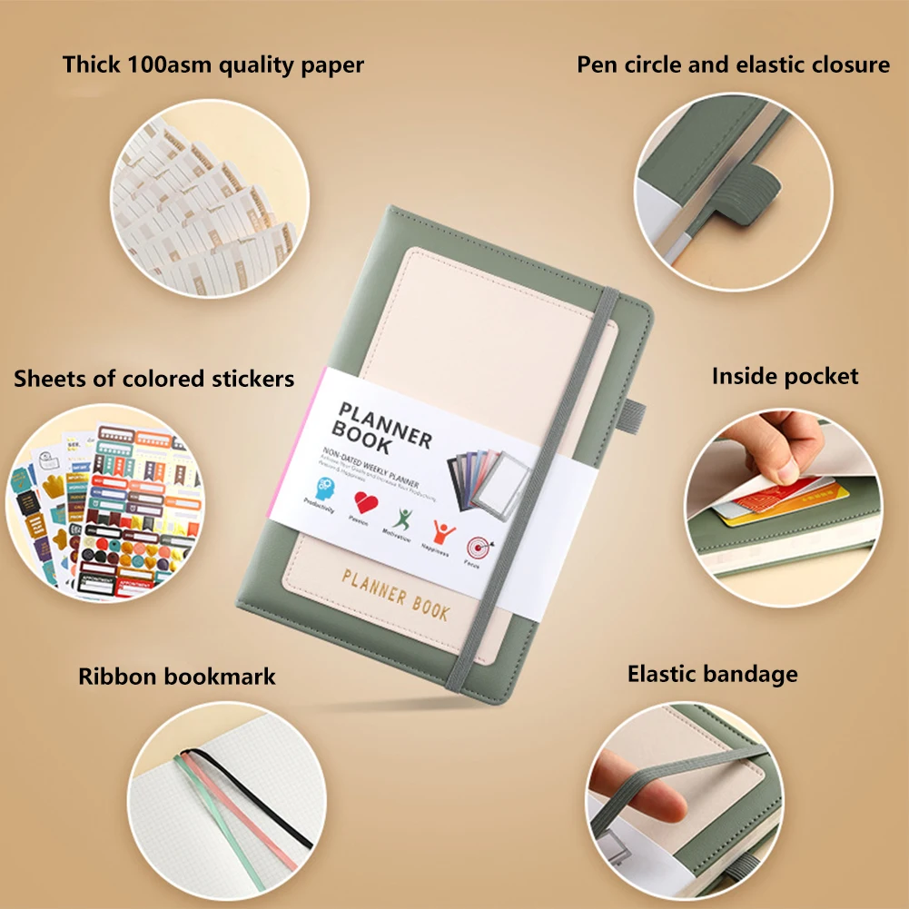 PU Capa de Couro Notebook para Homens e Mulheres, A5 Planejador, Bolso Interno, Bloco de Notas do Escritório, Semanal, Mensal, Diário, Memorando, Student Writing