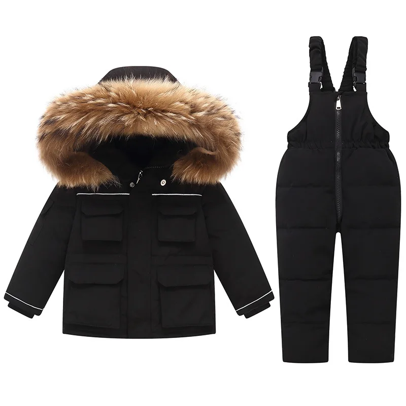 RAISE Russia Winter Toddler Girl Down Jacket Clothes Set 1-5Y Girl Real Raccoon Fur Outerwear Coat Waterproof Baby Girl Ski Suit