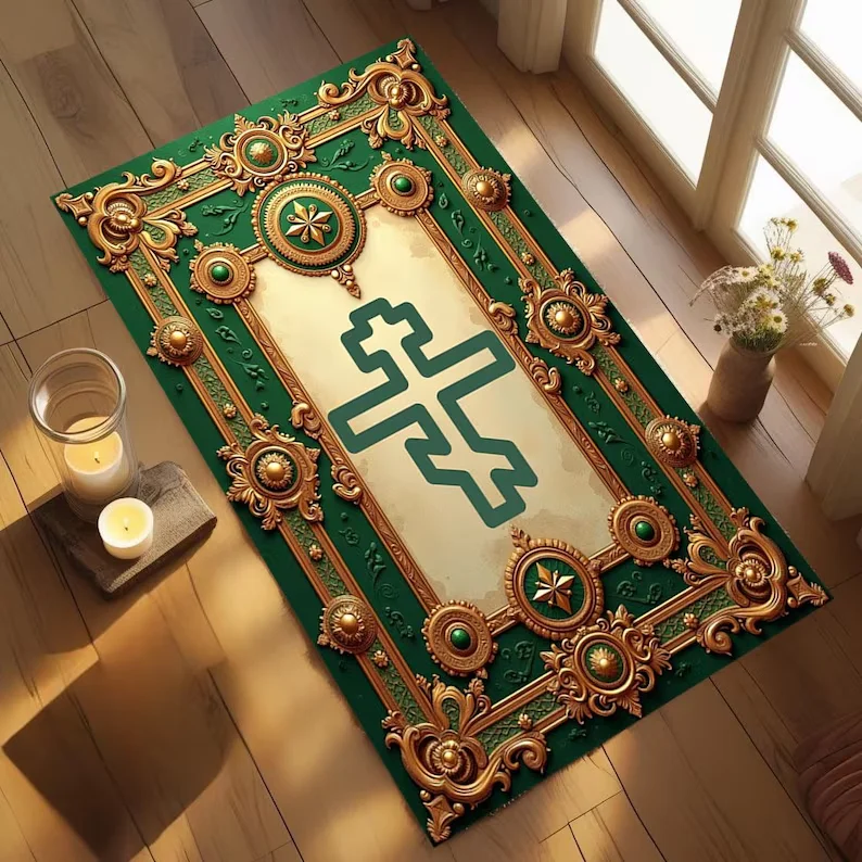 Classic Burgundy Red Cross Rug Luxury Gold Floral Border Living Room Carpet Traditional Christian Floor Mat Decor