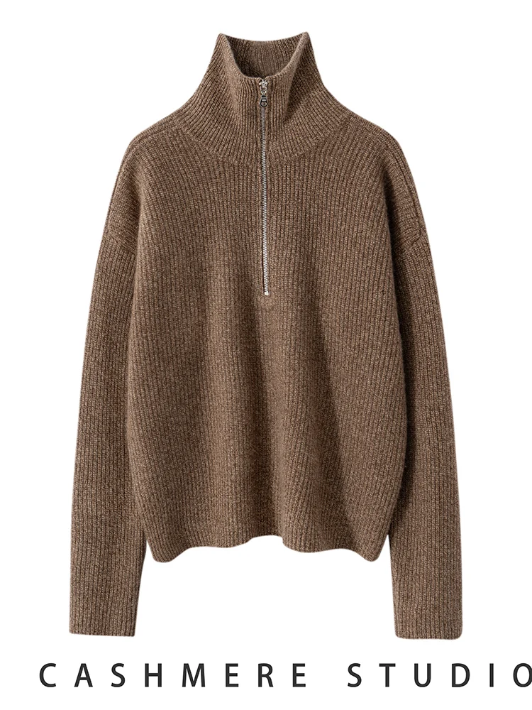 Women Turtleneck Pullover 100% Goat Cashmere Sweater Autumn Winter Thick Half Zip Cashmere Knitwear Casual Loose Top