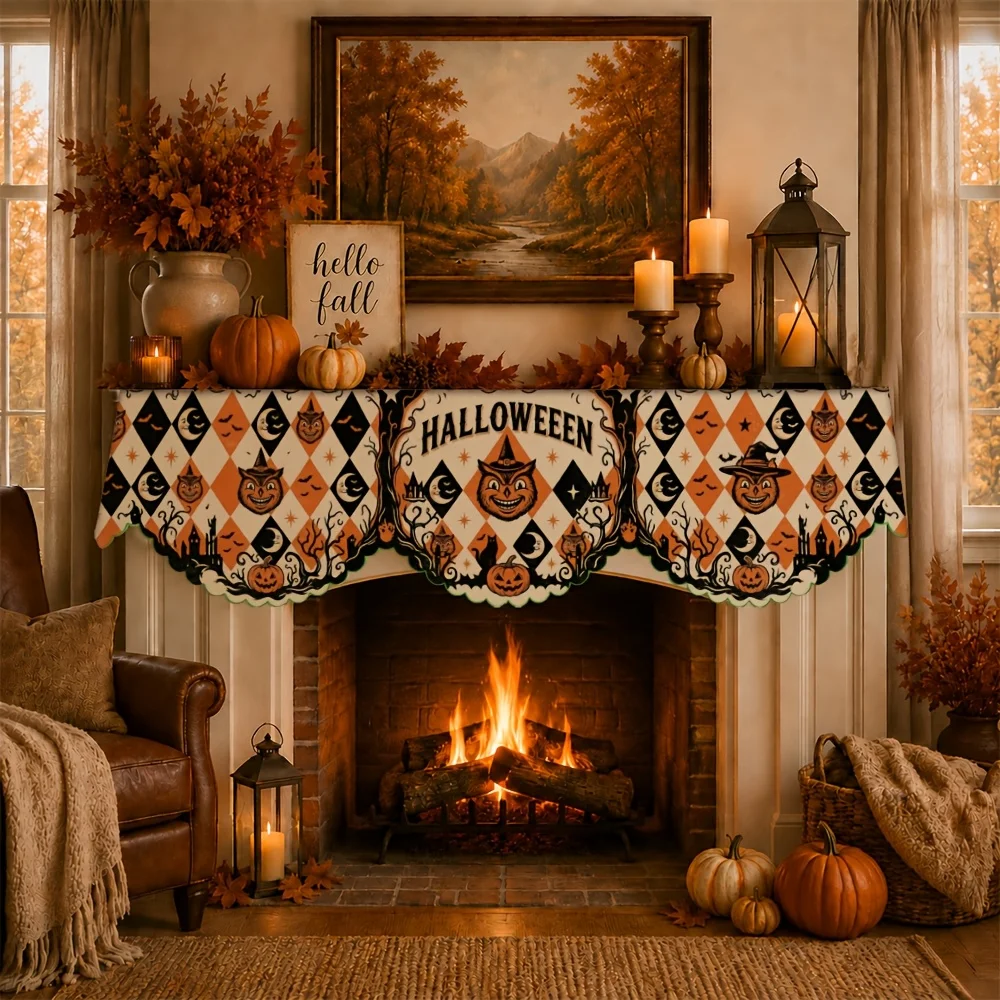 VIKAMA Halloween Retro Pumpkin Witch Fireplace Mantel Scarf Mantel Cover for Xmas Seasonal Fireplace Shelf Party Home Decoration