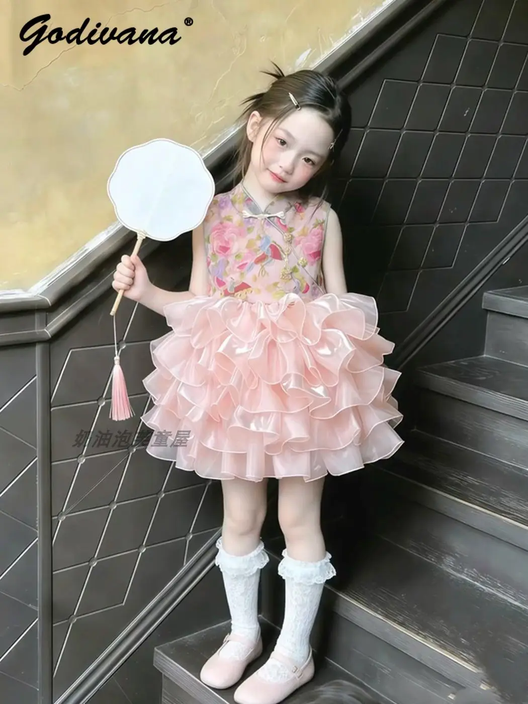 

Baby Girls New Chinese Princess Sleeveless Tutu Vest Dress 2026 Summer Kids Fashion Floral Print Tulle Performance Ball Gown