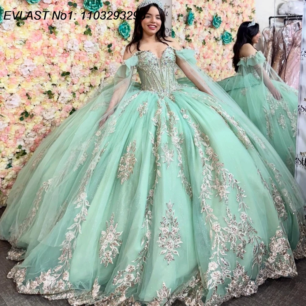 EVLAST Customized Mexican Sage Quinceanera Dress Ball Gown Gold Lace Applique Beading Cape Sweet 16 Vestidos De 15 Anos E1QN516