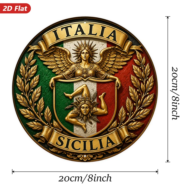 2D Flat, Italian Sicily Emblem Round Metal Sign Wall Art, Suitable for Bedroom Office, Home Decor, Italia Sicilia Text,