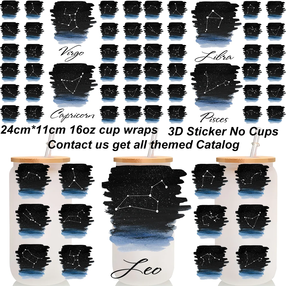 New Zodiac Signs Themed Starry Night 3D UV DTF Transfer Stickers 24*11cm 16oz Glass Can Waterproof Cup Wraps DIY Tumbler Decals