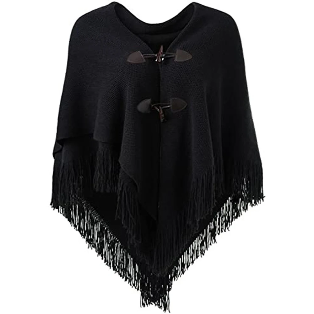 Fashion Women Poncho Tassel Woman Pashmina Horn Buttons Shawls Scarf Female Loose Ponchos Wrap Wool Cape Women Shawls