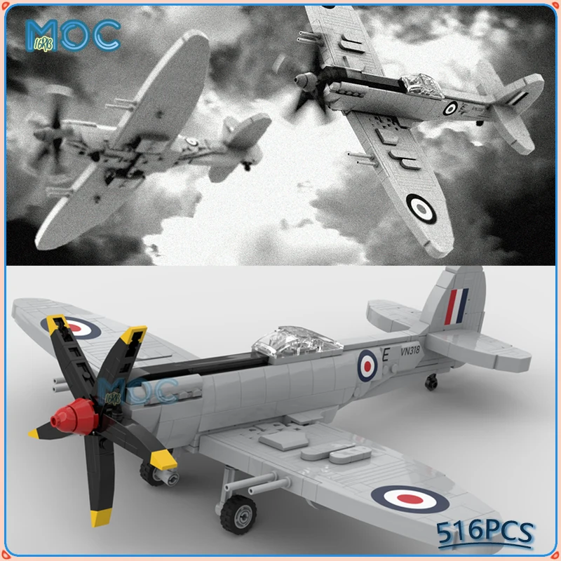 Military 1:35 Scale Spitfire Fighter MK.24 MOC Building Blocks  DIY Assembly Bricks Toys Creative XMAS Birthday Gifts 516PCS