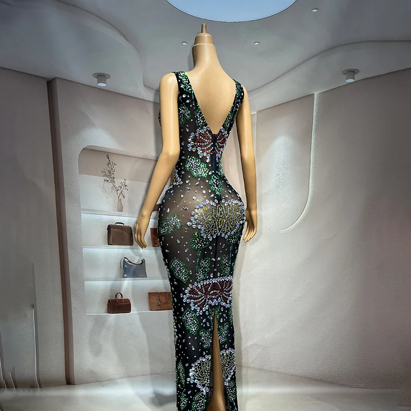 เสื้อผ้าวันเกิดเพชรชุดยาวปาร์ตี้ไนท์คลับบาร์ Contrast สี Slim ชุดยาวอารมณ์สง่างามนักร้อง Vestidos