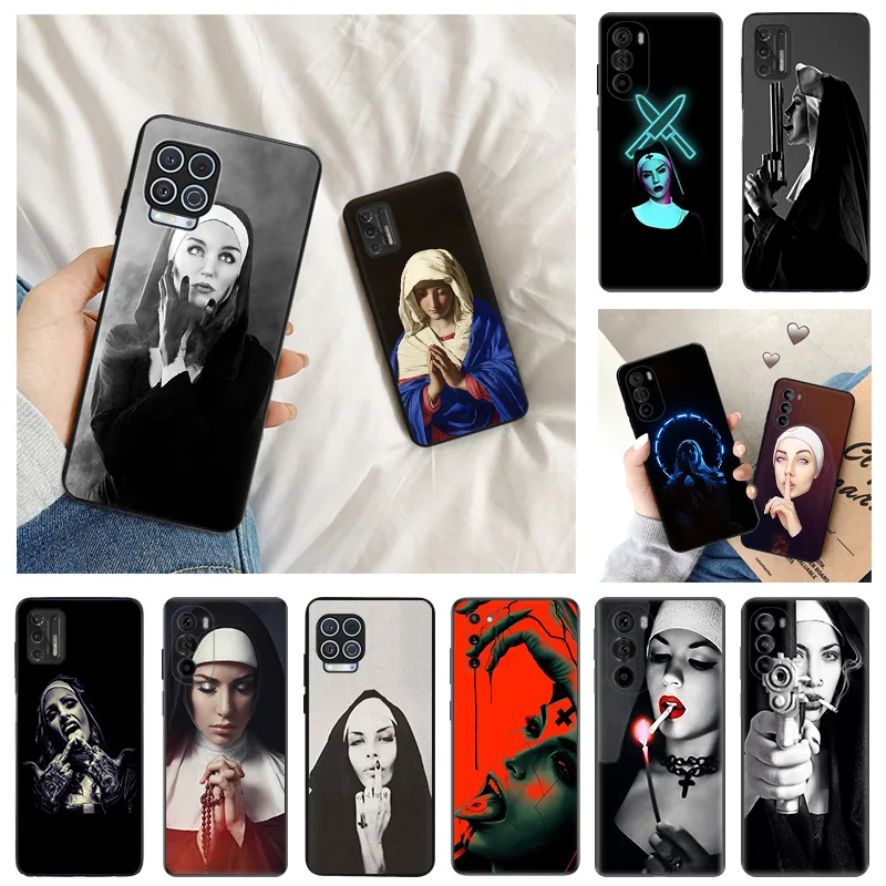 Ultra Thin Black Phone Case for Motorola G9 Edge 20 30 40 G50 G51 G60 G71 G22 G32 G52 G72 G53 G73 Devout Sister Nun Cover