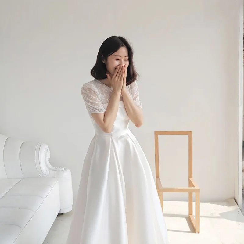 White Lace Puff Short Sleeve Satin Wedding Dresses For Women Sheer Floral O-Neck A-Line Ankle Length Simple Bridal Gown Dress view 4