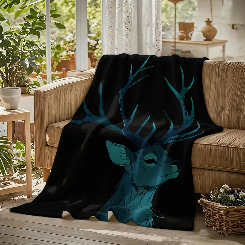 Blue Deer Antlers Black Flannel Blanket Perfect for Sofa Office Bed Travel Sleep Read Relax Camping Four Season Use