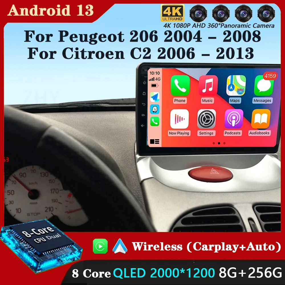 

Android 13 Carplay авто для Peugeot 206 2004 - 2008 для Citroen C2 2006 - 2013 автомобильное радио мультимедийный видеоплеер навигатор GPS