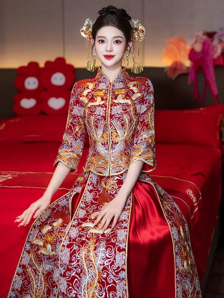 

Dragon and phoenix gown wedding dress bride's new Chinese-style evening figure-hugging toasting