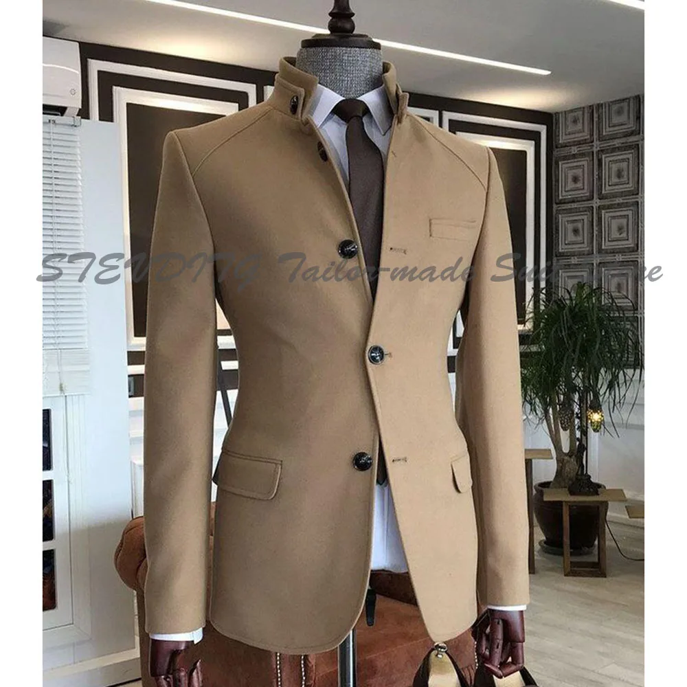 

Brown Evening Men Suits High Quality Fashion Classic Prom Male Clothing Single Breasted Stand-up Collar 2 Pieces Jacket Pants