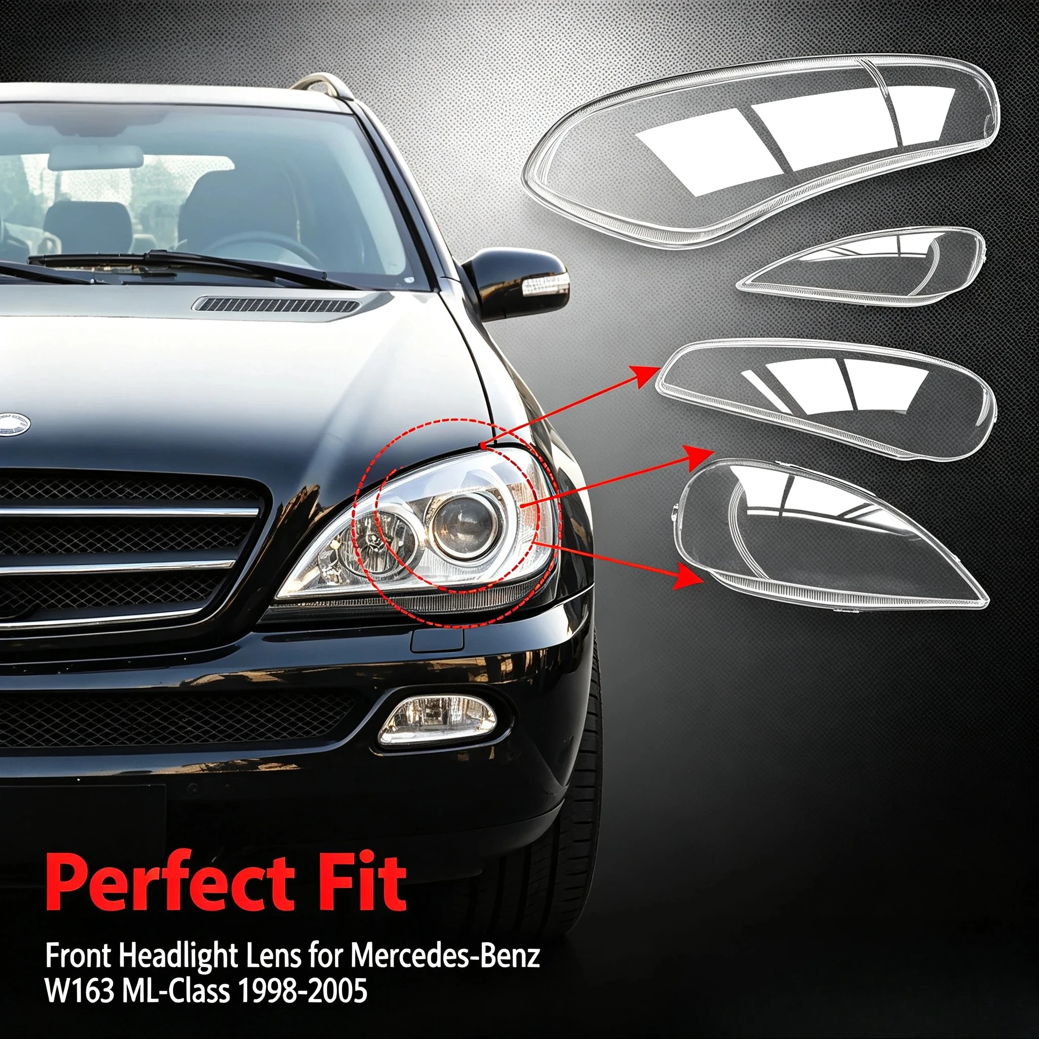 Moggic Headlight Lens Cover For Mercedes Benz W163 ML320 ML350 ML500 1998 1999 2000 2001 2002 2003 2004 2005 Base Sport Left