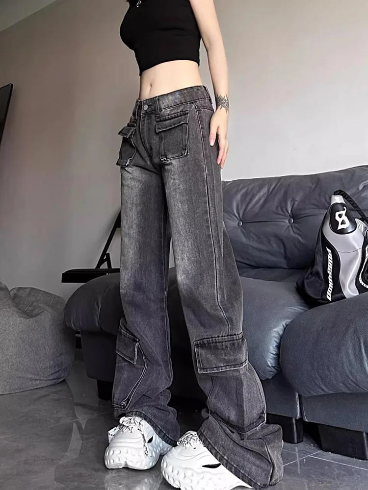 Gradient Pocket Straight Leg Jeans Fashion Streetwear Women's Casual Vaqueros Straight Wide Leg Vintage Loose Denim Pants