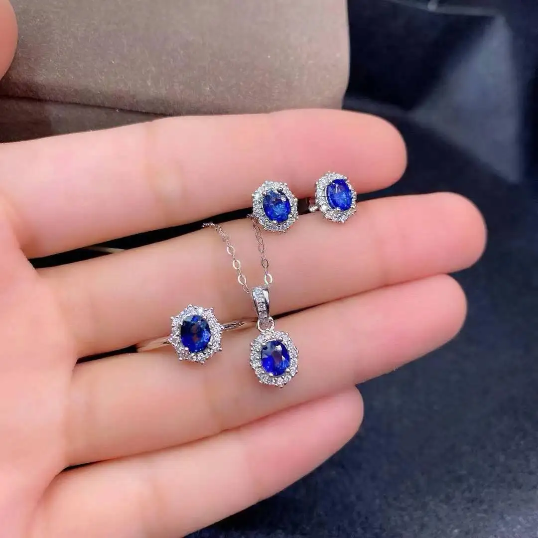 Classic Natural Real Sapphire Set 925 Sterling Silver Women Wedding Jewelry set 1pc ring,1pc pendant,2pcs earrings