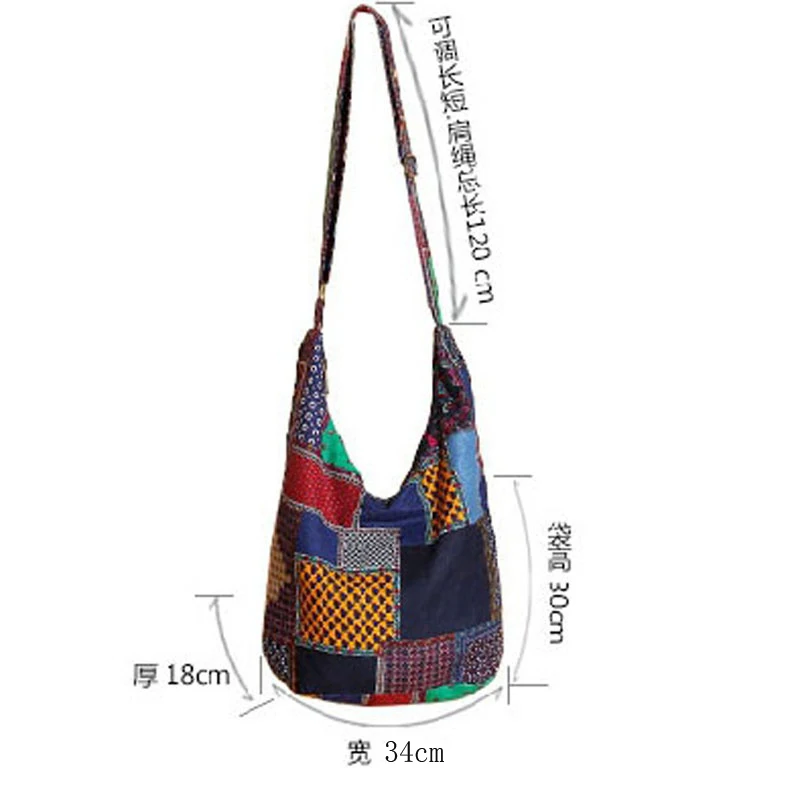 Annmouler Vintage Women Shoulder Bag Large Capacity Crossbody Bag Bohemian Style Bag Cotton Messenger Bag Adjustable Hobo Bag