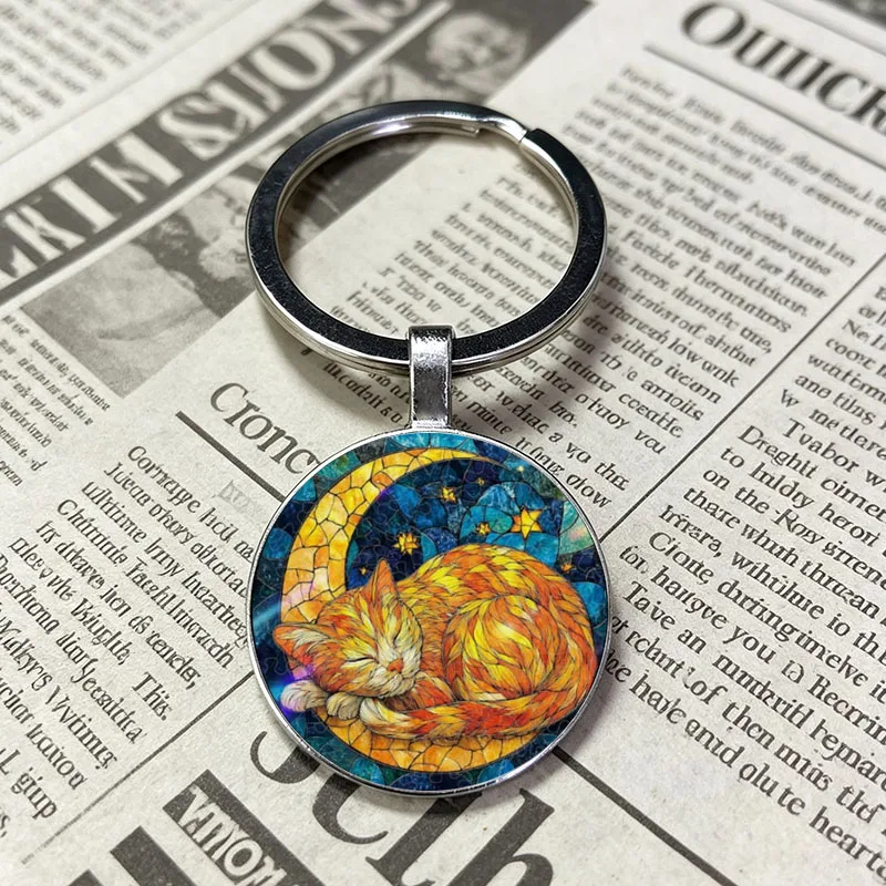 Cute Kitten Stained Glass Round Keychain Multi Color Cat Metal Key Ring Bag Charm Gift For Cat Lovers