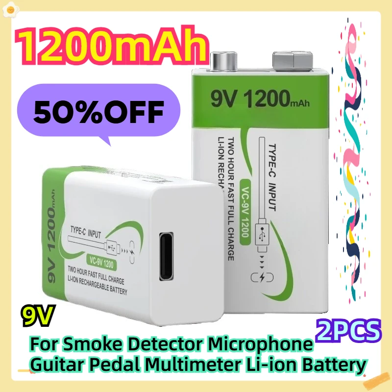 

9V 1200mAh 2pcs For Smoke Detector Microphone Guitar Pedal Multimeter Li-ion Battery