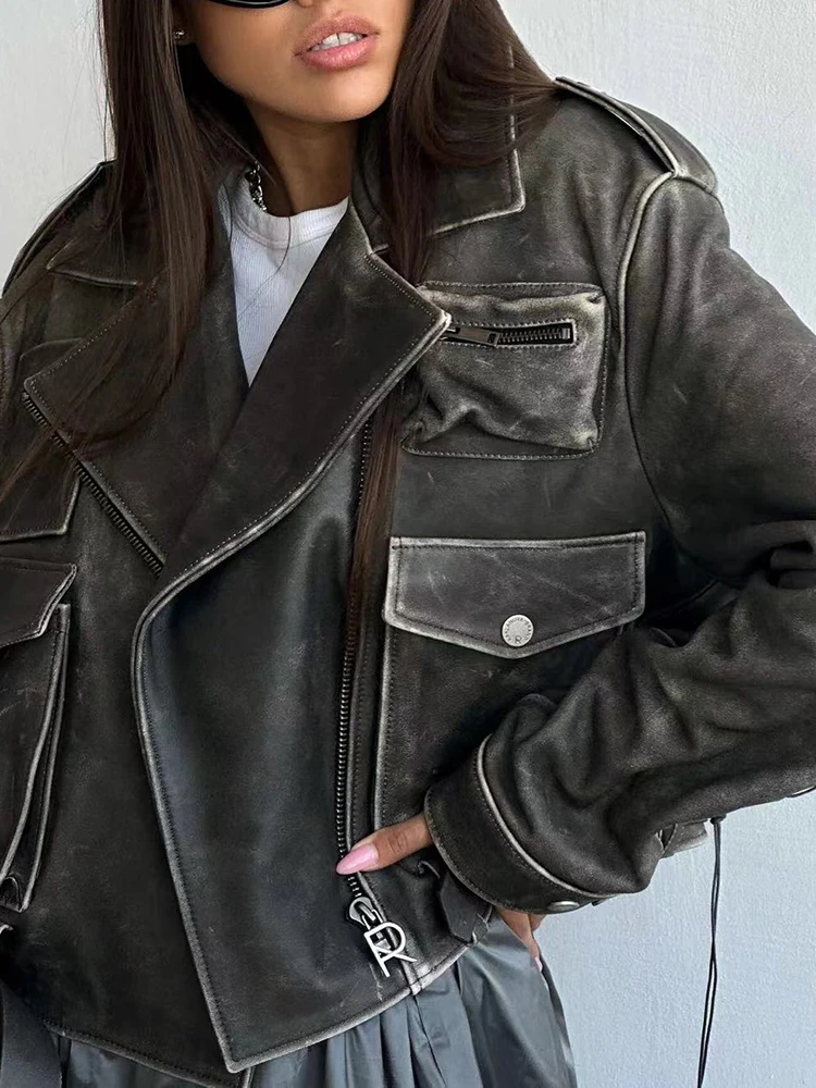 TWOTWINSTYLE Leather Spliced Zipper Jackets For Women Lapel Long Sleeve Casual Loose Autumn Minimalist Jacket Female Fashion New