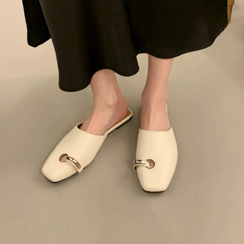 Novelty Design Slippers Women\'s Square Toe Mules Shoes 2024 Summer New Cow Leather Ladies Fashion Out Door Slipper Dcfh233