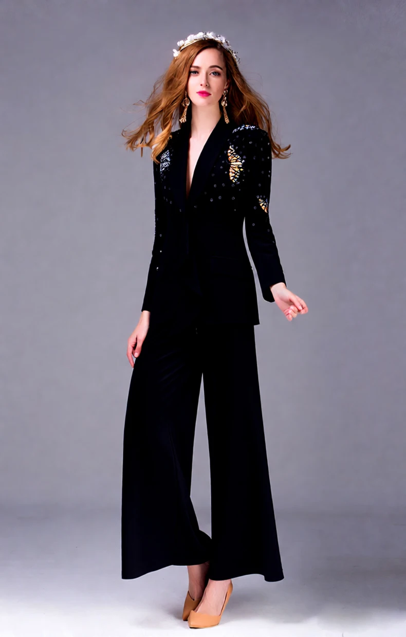 Women's Black Pants Suit Set, Long Sleeve Blazer with 3D Butterfly Beaded & Sequined Embroidery Elegant Evening Party Tuxedo Set
