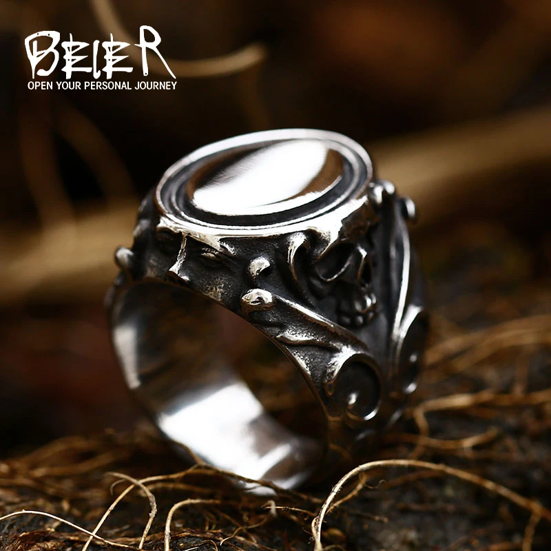 BEIER 2022 New Punk Calvarium Skull Ring With Pattern For Men Biker Hip Hop Jewelry Wholesale Motorcycle