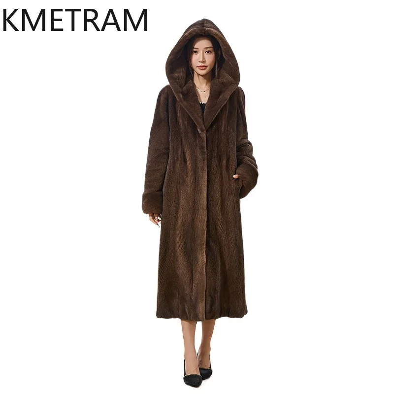 KMETRAM الطبيعية الأرجواني التسمية الصف فرو منك سترة امرأة 120 سنتيمتر طويلة معطف الفرو الحقيقي مع غطاء محرك السيارة الشتاء النساء الملابس 2025 schuba #1