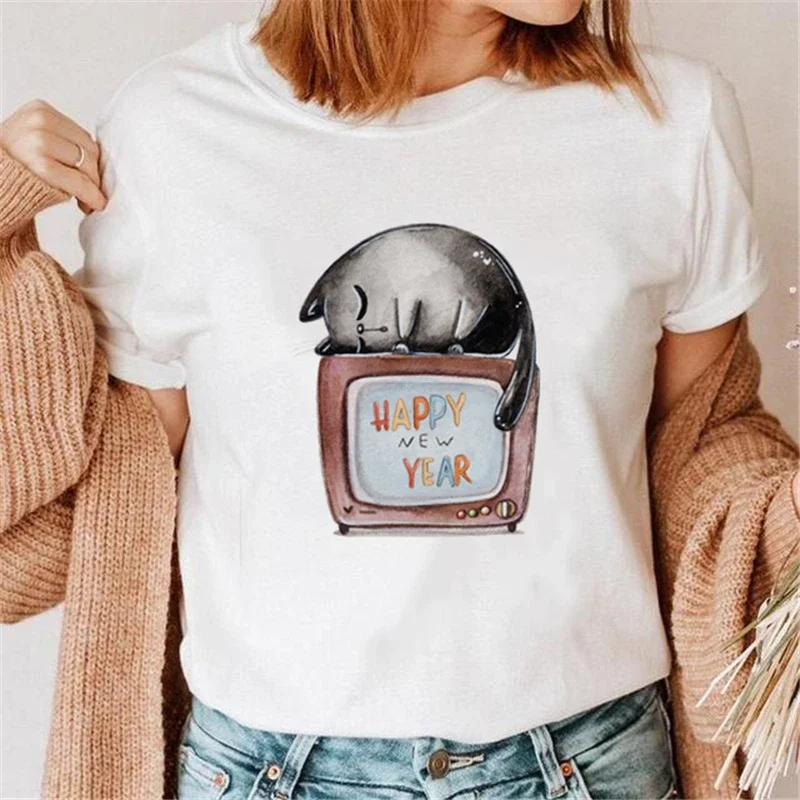 

Funny Animal Cute Cat Men Tshirt Merry Christmas Happy New Year Holiday Women Clothing Cartoon Line Drawing Graphic T-shirts
