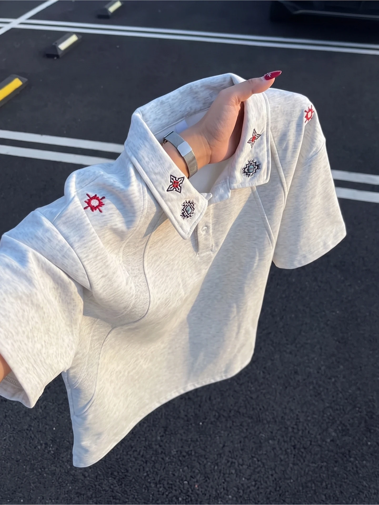Cleanfit American Splice Embroidery  Shirt Men's Short Sleeve Summer Youth Deconstructed Shoulder Flip Collar T-shirt