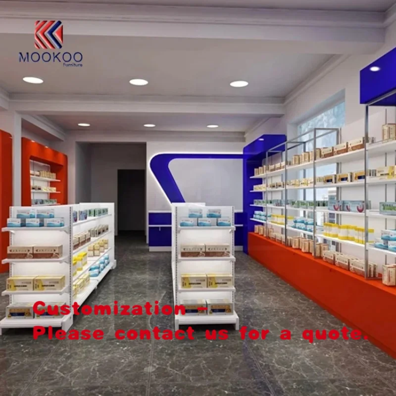 

custom.Customized Retail Pharmacy Shop Display Furniture with LED Light Drugstore Tempered Glass Wall Shelves