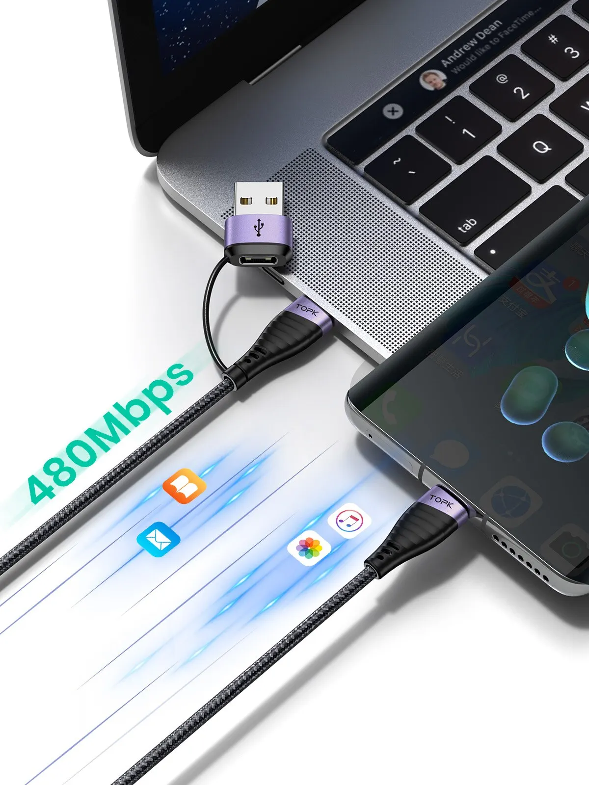 Кабель зарядный TOPK USB Type-C, 60 Вт, 2 в 1