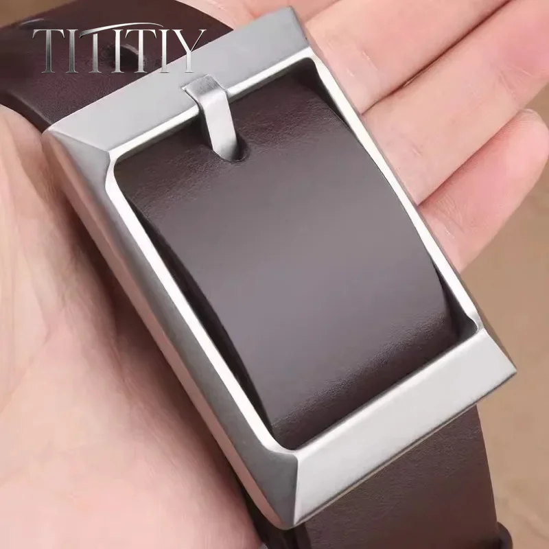 Pure Titanium Pin Buckle Leather Belt Men, Minimalist Single Prong Frame Buckle, Top-Grain Cowhide Casual Waist Strap 38mm Width