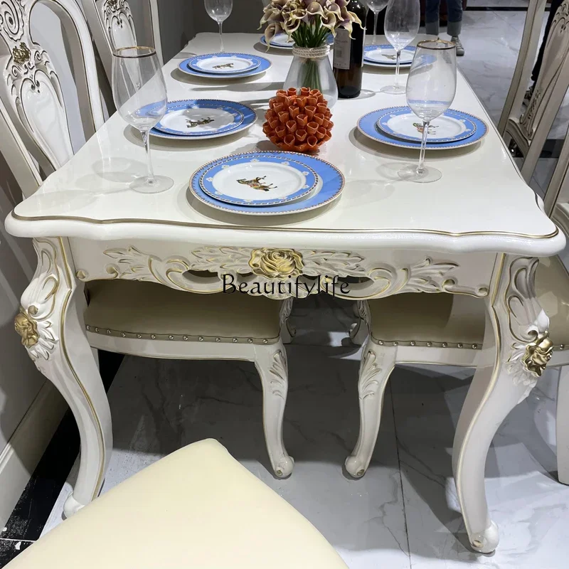 

yj21 European dining table and chair combination French square table rectangular solid wood carving flower pearlescent white