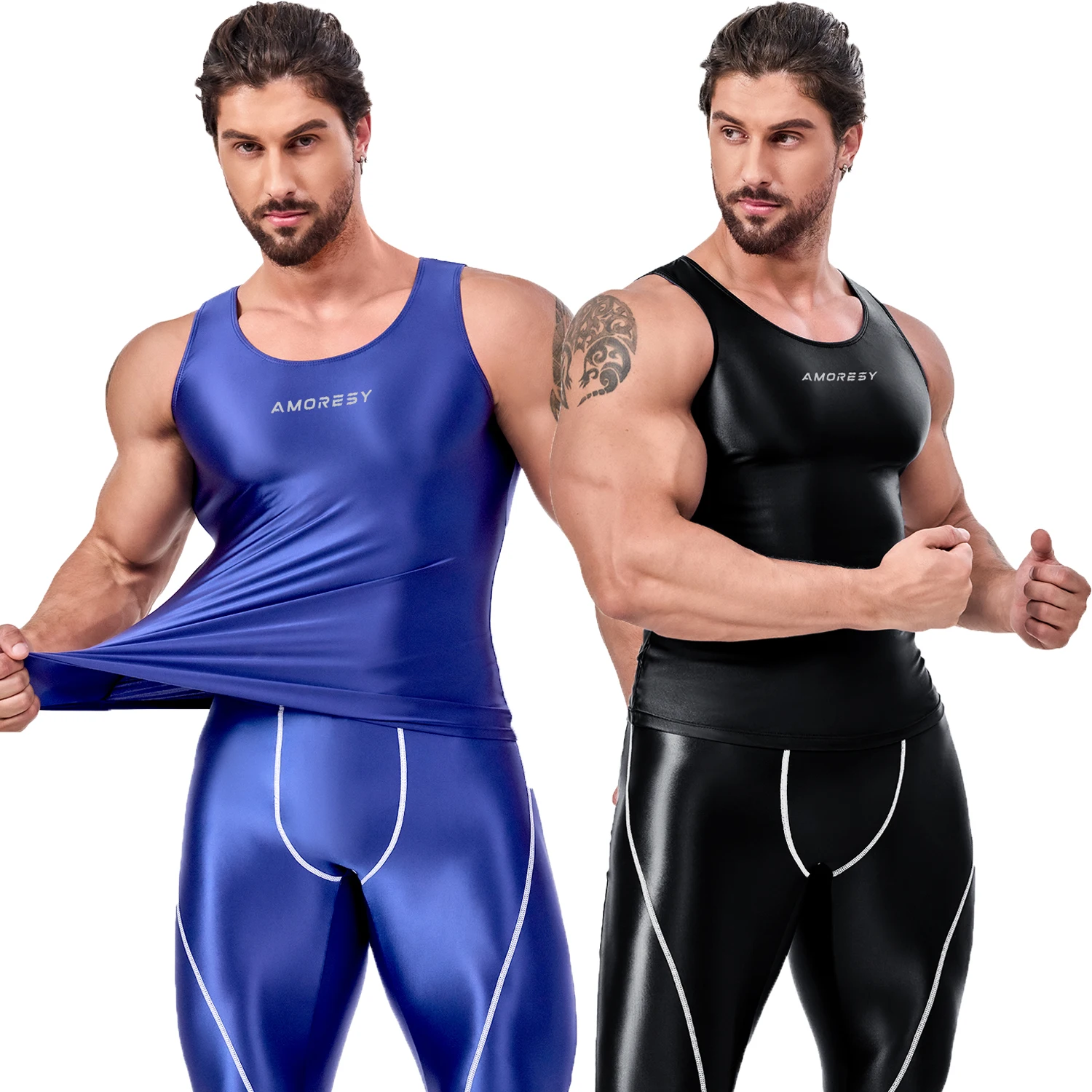 AMORESY Fashion Men Shiny Satin Running Spandex Sleeveless Tights Sports Hurdle Vest Smooth Pullover Breathable Activewear Tops