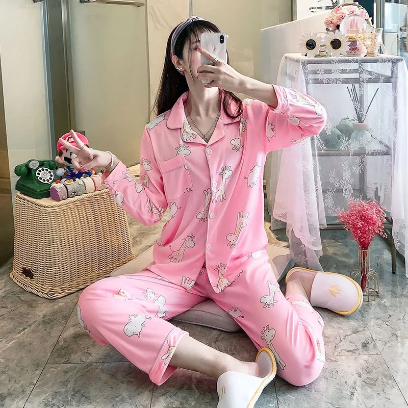 Spring pajamas new long-sleeved trousers pure cotton loungewear simple women's giraffe pajamas women's spring loungewear